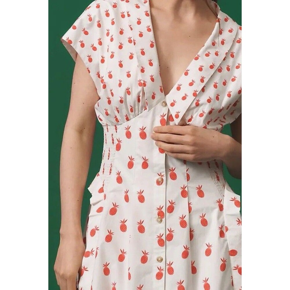 $198 Anthropologie Pineapple Short Sleeve V-Neck Dress Size Small Midi Cottage - Picture 4 of 16
